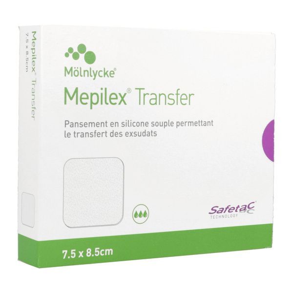 MEPILEX TRANSFER Pansement interface absorbant extrasouple siliconé, à microadhérence sélective, 7,5 cm x 8,5 cm (ref. 294621), bt 10