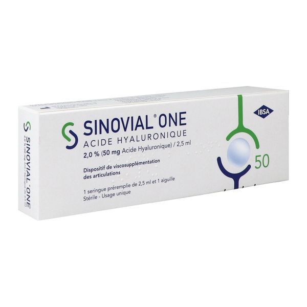 SINOVIAL ONE 2,0 % 50 MG/2,5 ML D'ACIDE HYALURONIQUE SEL SODIQUE Dispositif de viscosupplémentation des articulations. Stérile. A usage unique, bt 1