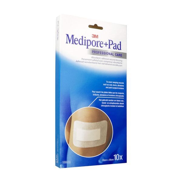 MEDIPORE + PAD Pansement absorbant, stérile, adhésif 4 côtés, 10 cm x 20 cm, bt 10