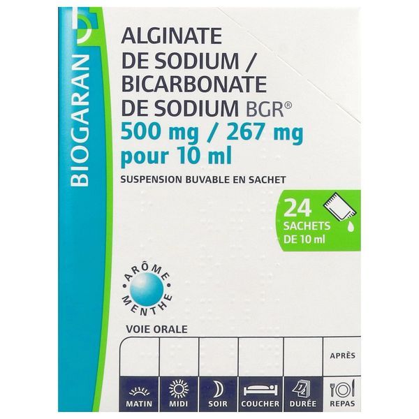ALGINATE DE SODIUM/BICARBONATE DE SODIUM BGR Suspension buvable 500 mg/267 mg/10 mL, boîte 24 sachets 10 ml