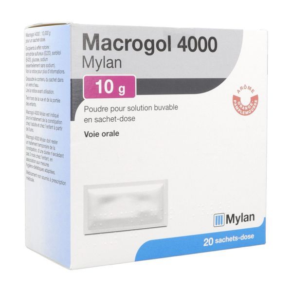MACROGOL MYLAN 4000 Poudre pour solution buvable 10 g, boîte 20 sachets-dose