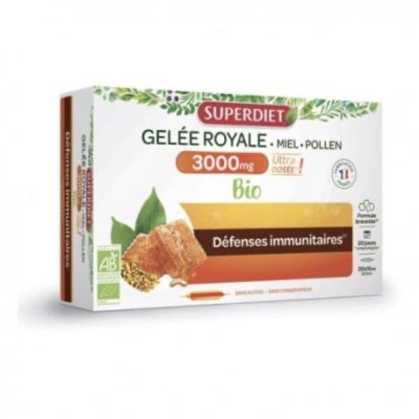 SUPERDIET GELEE ROYALE 3000 MG MIEL POLLEN BIO Solution buvable, complément alimentaire à base de gelée royale, miel et pollen, Bte 20