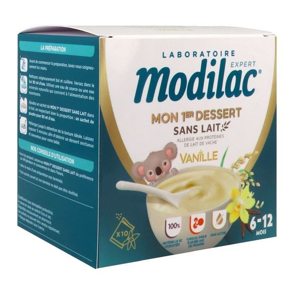 MODILAC EXPERT MON 1ER DESSERT SANS LAIT VANILLE 6 - 12 MOIS Denrée alimentaire destinée à des fins médicales spéciales, saveur vanille, sachet 10