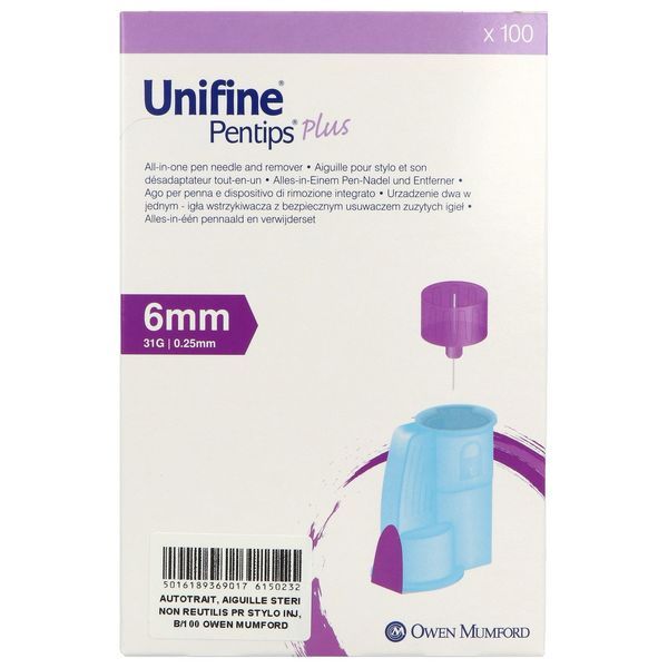 UNIFINE PENTIPS PLUS Aiguille pour stylo injecteur d'insuline avec désadaptateur, G31, 0,25 mm x 6 mm, violet (ref. AN3690), bt 100