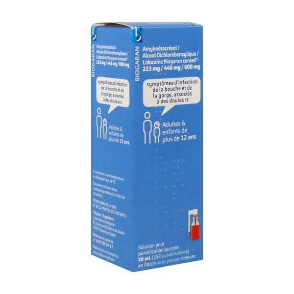 Amylmetacresol/Alcool Dichlorobenzylique/Lidocaine Biogaran Conseil 223 Mg/ 446 Mg/ 600 Mg Sol Pulv Buccale 1 Flacon(S) Pressurise(S) [153] En Verre D