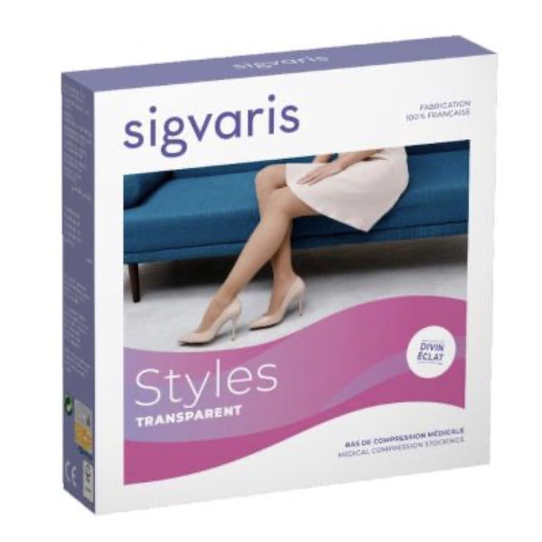 SIGVARIS 2 STYLES TRANSPARENT Bas cuisse médical de compression autofixant classe 2, pour femme, beige 150, normal, Xsmall (ref. 301822), paire