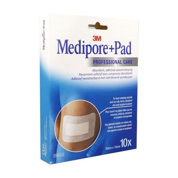 MEDIPORE + PAD Pansement absorbant, stérile, adhésif 4 côtés, 10 cm x 10 cm, bt 10