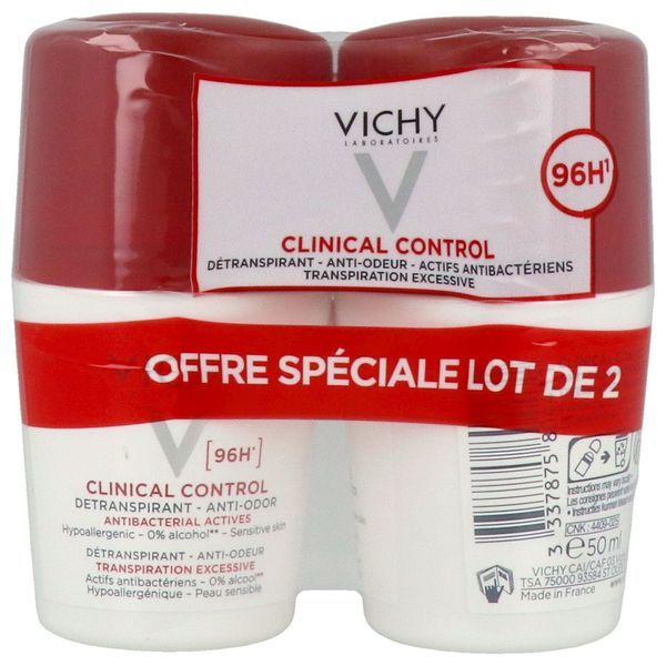 VICHY CLINICAL CONTROL DETRANSPIRANT ANTIODEUR 96 H BILLE Roll-on détranspirant anti-odeur 96 H, fl 50 ml x 2