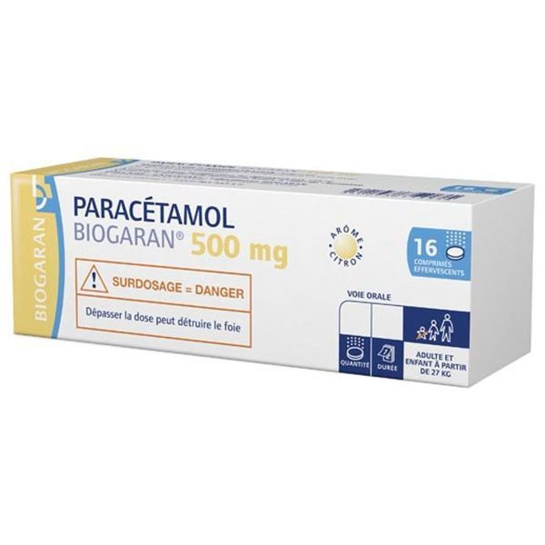 PARACETAMOL BIOGARAN Comprimé effervescent 500 mg, boîte 1 pilulier 16