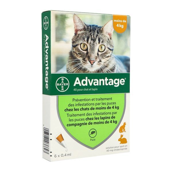 ADVANTAGE 40 CHAT ET LAPIN Spot on, solution cutanée antiparasitaire externe, pour chat et lapin, pipette 0,4 ml, bt 6