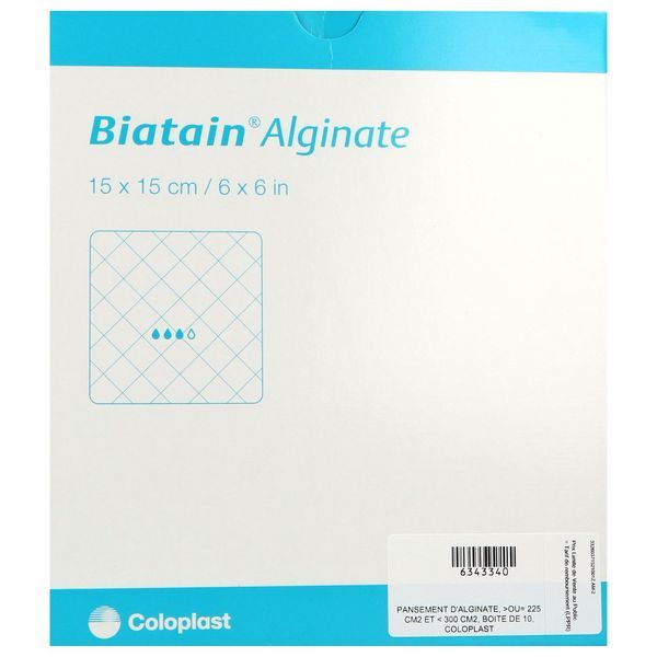 BIATAIN ALGINATE Pansement d'alginate et carboxyméthylcellulose, pour plaie très exsudative, 15 cm x 15 cm (ref. 37152), bt 10