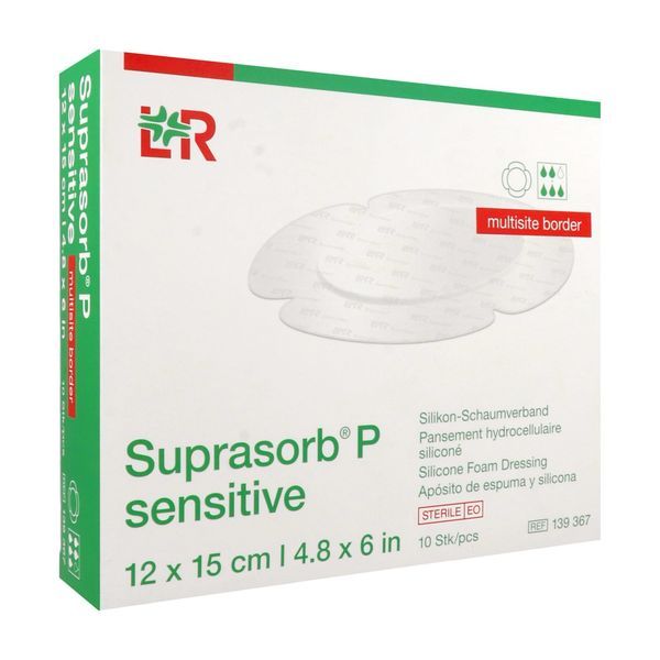 SUPRASORB P SENSITIVE MULTISITE BORDER Pansement hydrocellulaire siliconé, adhésif, stérile, 12 cm x 15 cm (ref. 139357), bt 10