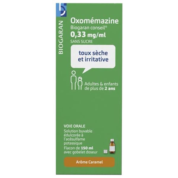 OXOMEMAZINE BIOGARAN CONSEIL SANS SUCRE Solution buvable édulcorée à l'acésulfame potassique 0,33 mg/ml, flacon 150 ml avec gobelet doseur