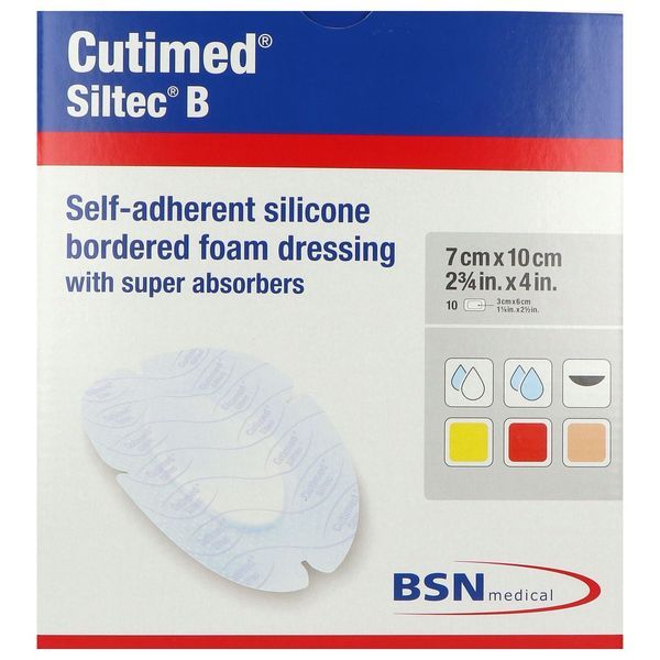 CUTIMED SILTEC B Pansement hydrocellulaire à bord adhésif, stérile, très absorbant, 7 cm x 10 cm, ovale (ref. 73284-14), bt 10