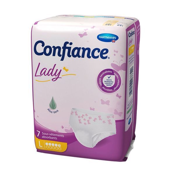 CONFIANCE LADY ABSORPTION 5 G SOUS - VETEMENT Slip absorbant jetable, hypoallergénique pour incontinence urinaire, femme, large (ref. 915566), sac 7