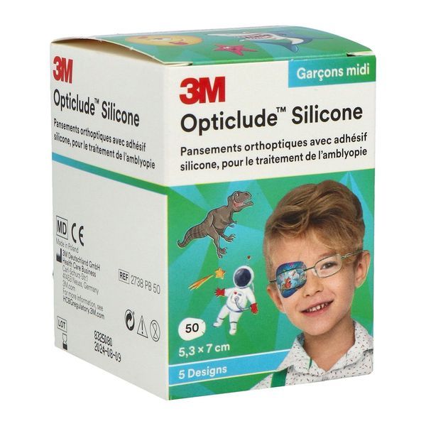 OPTICLUDE SILICONE 3M DESIGN BOY MIDI Pansement orthoptique occlusif, moyen modèle, décor garçon, bt 50