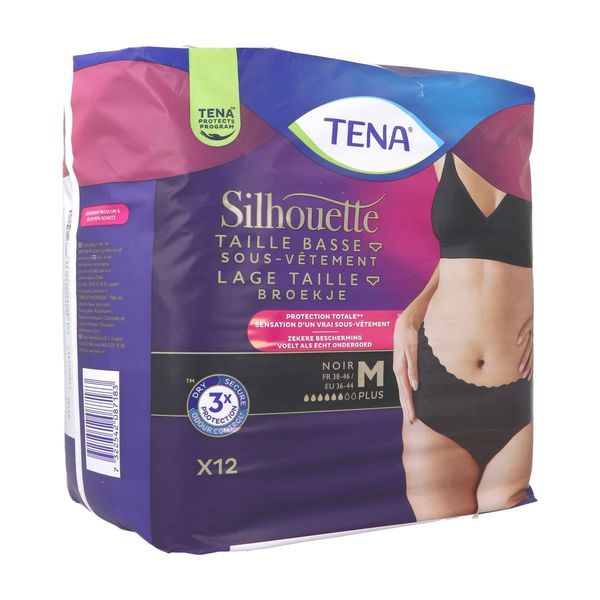 TENA SILHOUETTE PLUS Sous vêtement absorbant jetable pour incontinence urinaire, taille basse, femme, noir, medium, taille 38 - 46 (ref. 780203), sac 12