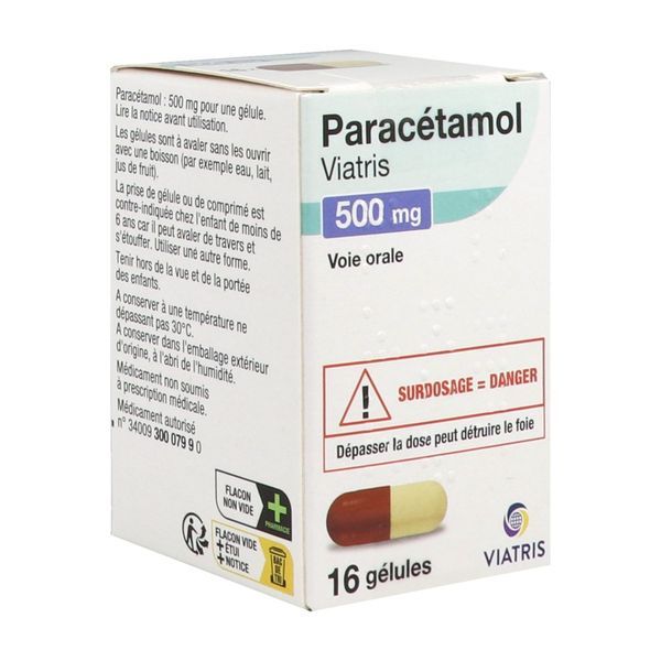 PARACETAMOL VIATRIS Gélule 500 mg, boîte 1 flacon 16