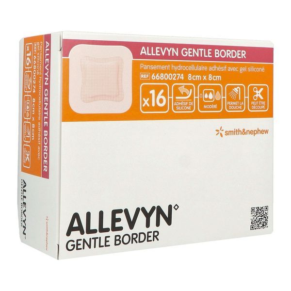 ALLEVYN GENTLE BORDER Pansement hydrocellulaire à bords adhésifs, stérile, très absorbant, 8 cm x 8 cm, bt 16