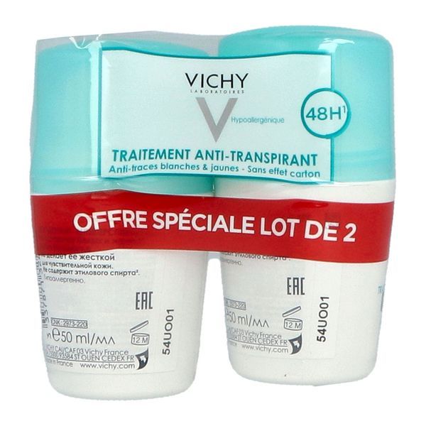 VICHY TRAITEMENT ANTITRANSPIRANT 48 H Roll'on déodorant traitement antitranspirant 48 H, fl 50 ml x 2