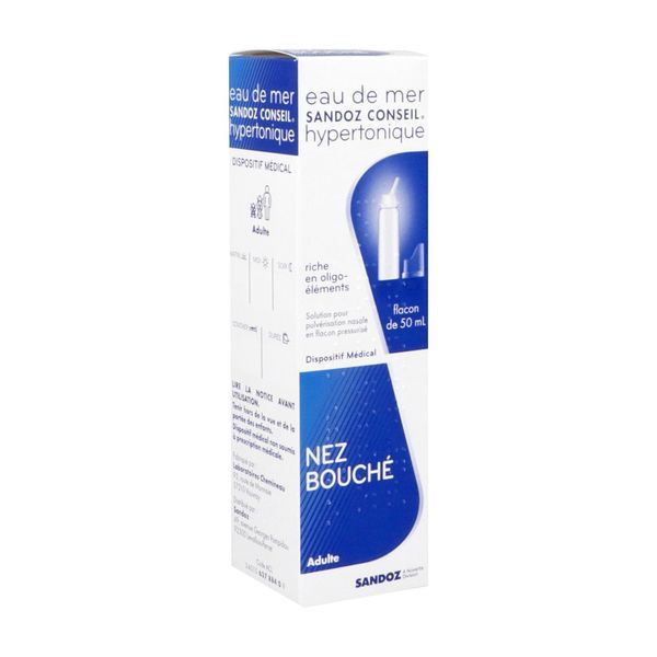 SANDOZ EAU DE MER HYPERTONIQUE Solution nasale hypertonique d'eau de mer, spray 50 ml