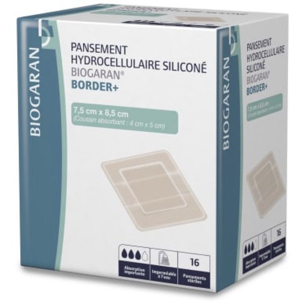 BIOGARAN BORDER + Pansement hydrocellulaire siliconé, bord adhésif, absorption importante, 7,5 cm x 8,5 cm, bt 10