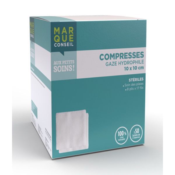 MARQUE CONSEIL COMPRESSE GAZE Compresse de gaze hydrophile stérile 100 % coton, 10 cm x 10 cm, sachet 2, 50 sachets, bt 100
