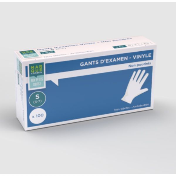 MARQUE CONSEIL GANTS D'EXAMEN NON POUDRE Gant d'examen non poudré, non stérile, jetable, vinyle, small (6 - 7), bt 100