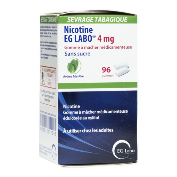 NICOTINE EG LABO MENTHE 4 MG SANS SUCRE Gomme à mâcher 4 mg, boîte 96