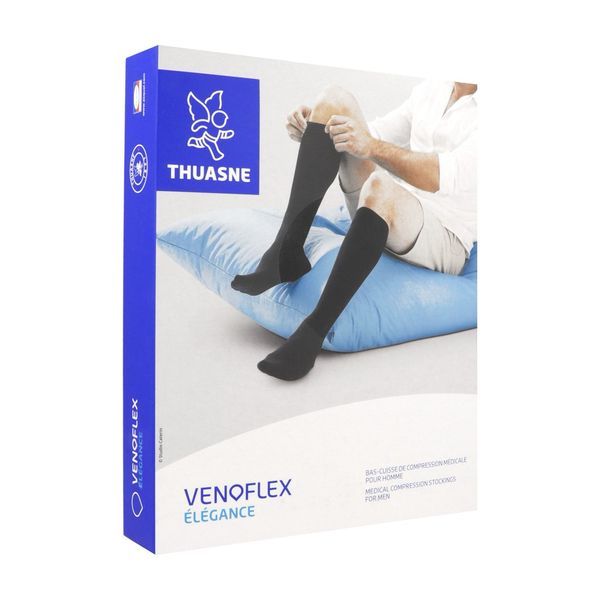 VENOFLEX 2 ELEGANCE Bas cuisse médical de compression antiglisse classe 2, côtelé, pour homme, beige, normal, taille 3, paire