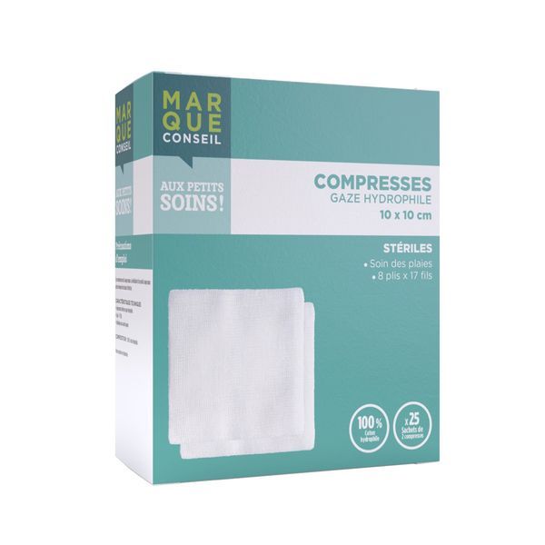 MARQUE CONSEIL COMPRESSE GAZE Compresse de gaze hydrophile stérile 100 % coton, 10 cm x 10 cm, sachet 2, 25 sachets, bt 50