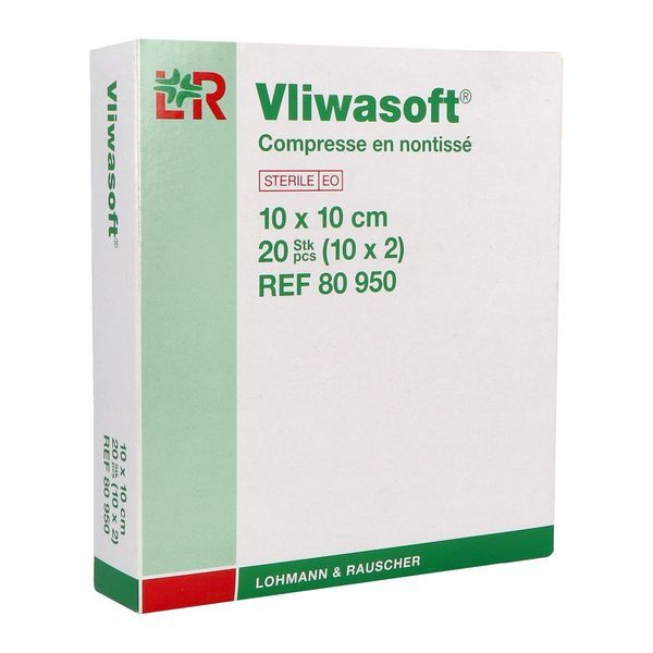 VLIWASOFT Compresse en non tissé, stérile, pochette de 2 compresses, 10 cm x 10 cm, sachet de 2, 10 sachets, bt 20