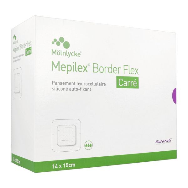 MEPILEX BORDER FLEX CARRE Pansement hydrocellulaire siliconé, bordé, flexible, stérile, forme carrée, 14 cm x 15 cm (ref. 595021), bt 16