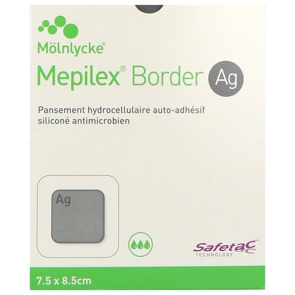 MEPILEX BORDER AG Pansement hydrocellulaire siliconé, au sulfate d'argent, autoadhérent, 7,5 cm x 8,5 cm (ref. 395221), bt 16