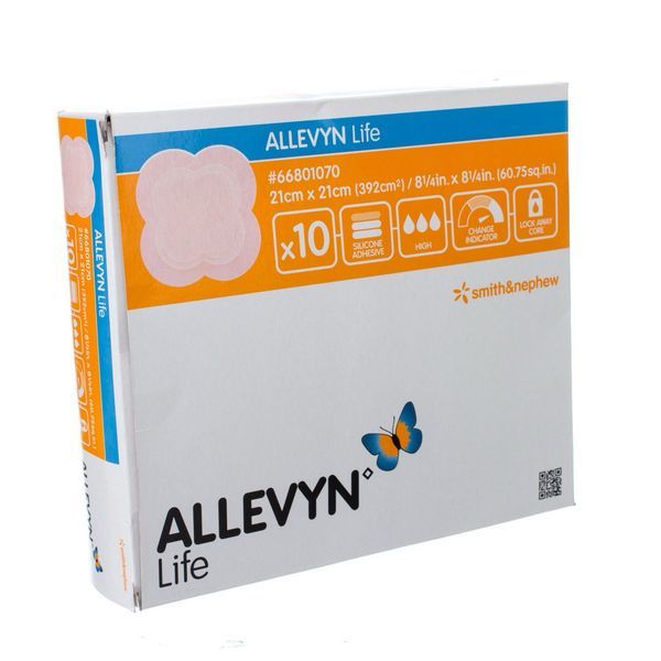 ALLEVYN LIFE Pansement hydrocellulaire composite à bords adhésifs, stérile, très absorbant, 21 cm x 21 cm (ref. 66801070), bt 10