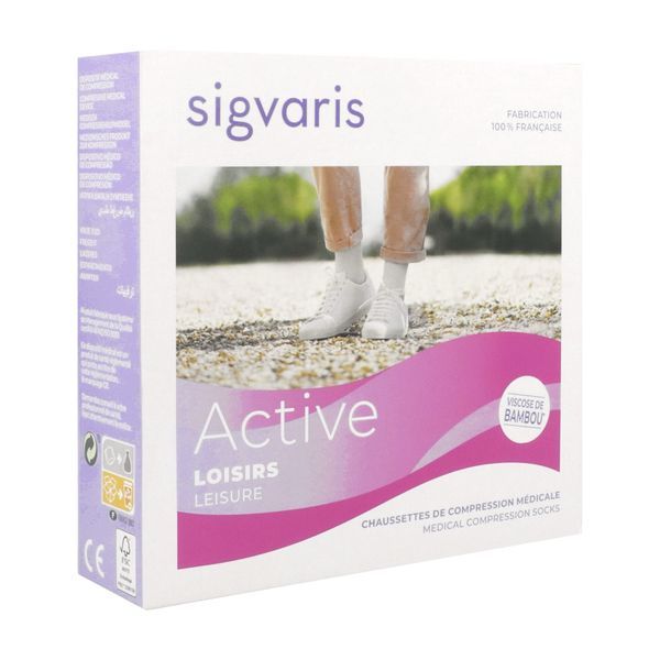 SIGVARIS 2 ACTIVE LOISIRS FEMME Chaussette médicale de compression classe 2, respirante, femme, gris clair, long, large (ref. 309192), paire