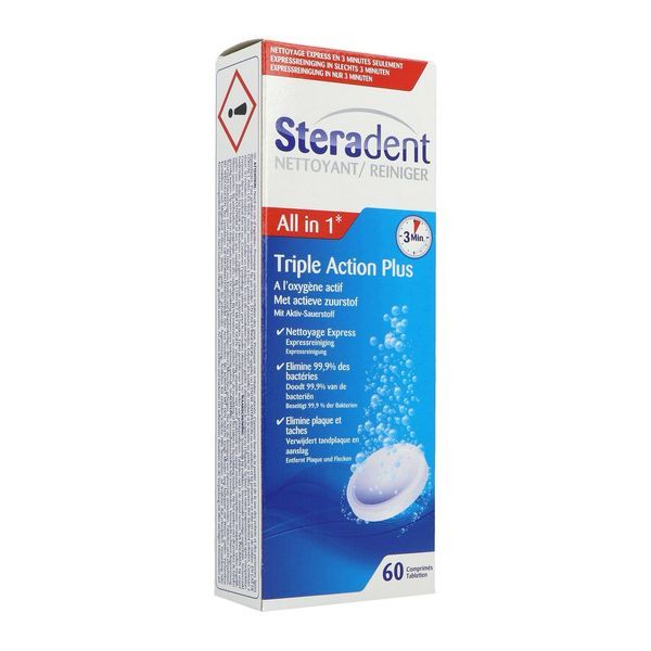 STERADENT TRIPLE ACTION Comprimé effervescent Triple Action nettoyant pour appareils dentaires, tube 30, bt 2