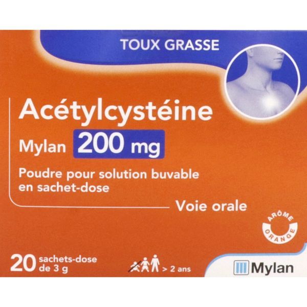 ACETYLCYSTEINE VIATRIS CONSEIL Poudre pour solution buvable en sachet-dose 200 mg, boîte 20 sachets-dose 3 g