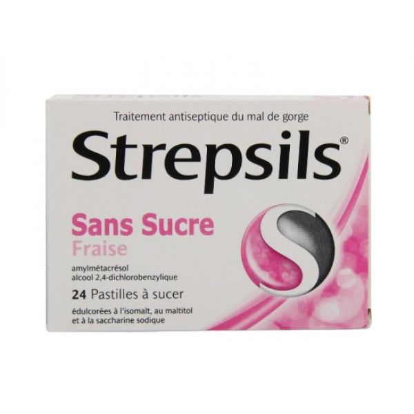 Strepsils Fraise Sans Sucre Pastille Edulcoree A L'Isomalt Au Maltitol Et A La Saccharine Sodique B/24