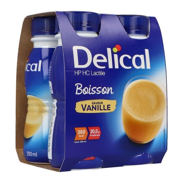 DELICAL BOISSON LACTEE HP HC Denrée alimentaire destinée à des fins médicales spéciales, vanille, 200 ml x 4