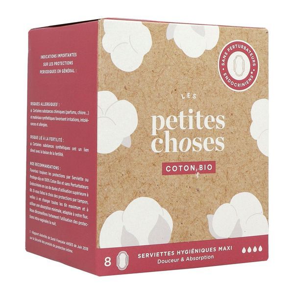 LES PETITES CHOSES SERVIETTE HYGIENIQUE MAXI Protection périodique extra longue, en coton bio, bt 8