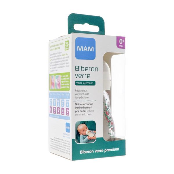 MAM BIBERON VERRE Biberon à vis complet, 1er âge, débit 1, décoré, 170 ml, blanc, unité