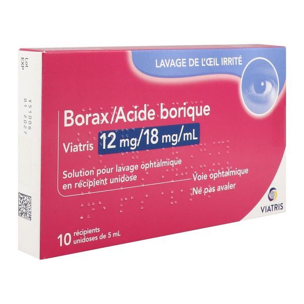 BORAX ACIDE BORIQUE VIATRIS Solution pour lavage ophtalmique 12 mg/18 mg/ml, boîte 10 récipients unidoses 5 ml