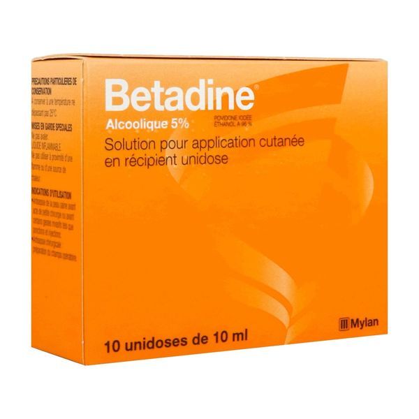 BETADINE ALCOOLIQUE Solution pour application cutanée en récipient unidose 5 %, boîte 10 récipients unidoses 10 ml