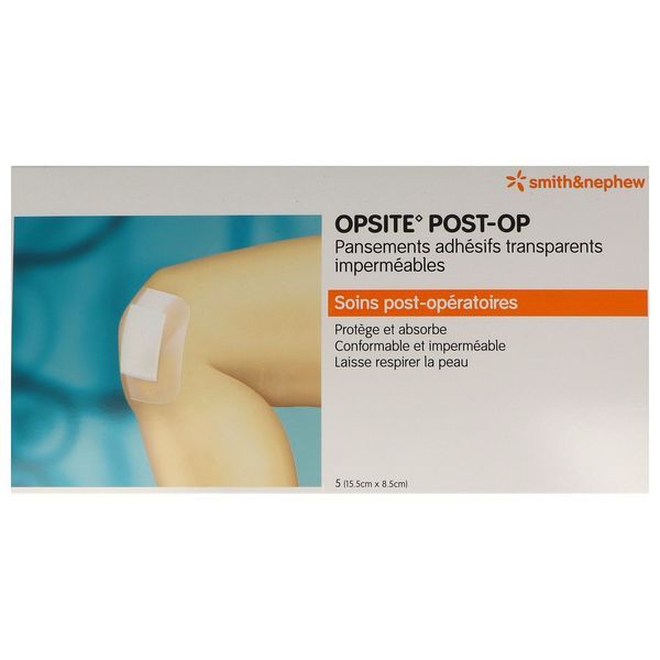 OPSITE POST - OP Pansement adhésif 4 côtés, stérile, avec compresse absorbante, 15,5 cm x 8,5 cm, pochette 5