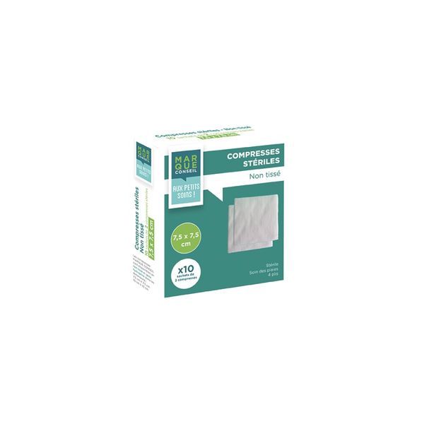 MARQUE CONSEIL COMPRESSES EN NON TISSE Compresse en non tissé, stérile, 7,5 cm x 7,5 cm, sachet 2, 10 sachets, bt 20