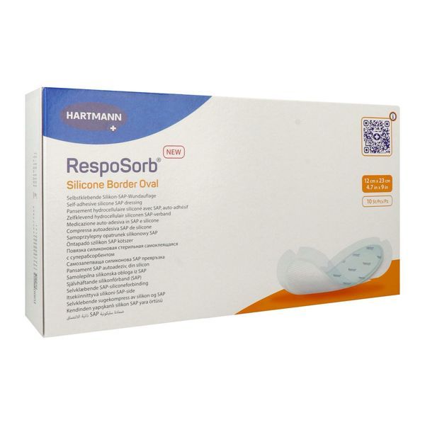 RESPOSORB SILICONE BORDER Pansement hydrocellulaire, interface siliconée et bords adhésifs, ovale, 12 cm x 23 cm (ref. 413009), bt 10