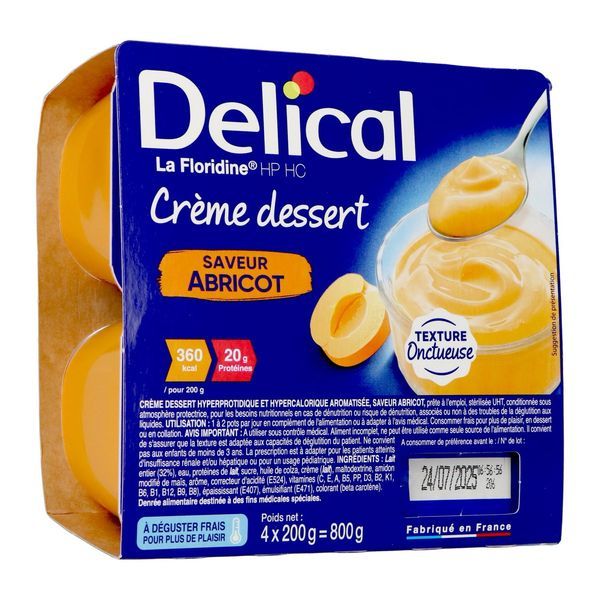 DELICAL LA FLORIDINE HP HC CREME DESSERT Denrée alimentaire destinée à des fins médicales spéciales, saveur abricot, pot 200 g x 4