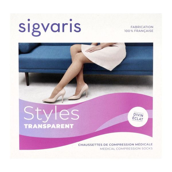 SIGVARIS 2 STYLES TRANSPARENT Chaussette médicale de compression, classe 2, pour femme, beige 140, long, small (ref. 301655), paire
