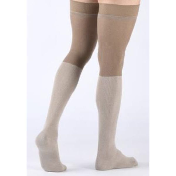 LEGGER 3 HOMME CASUAL COTON Bas cuisse médical de contention classe 3, bizone, autofix, pour homme, beige chiné, long, taille 1, paire